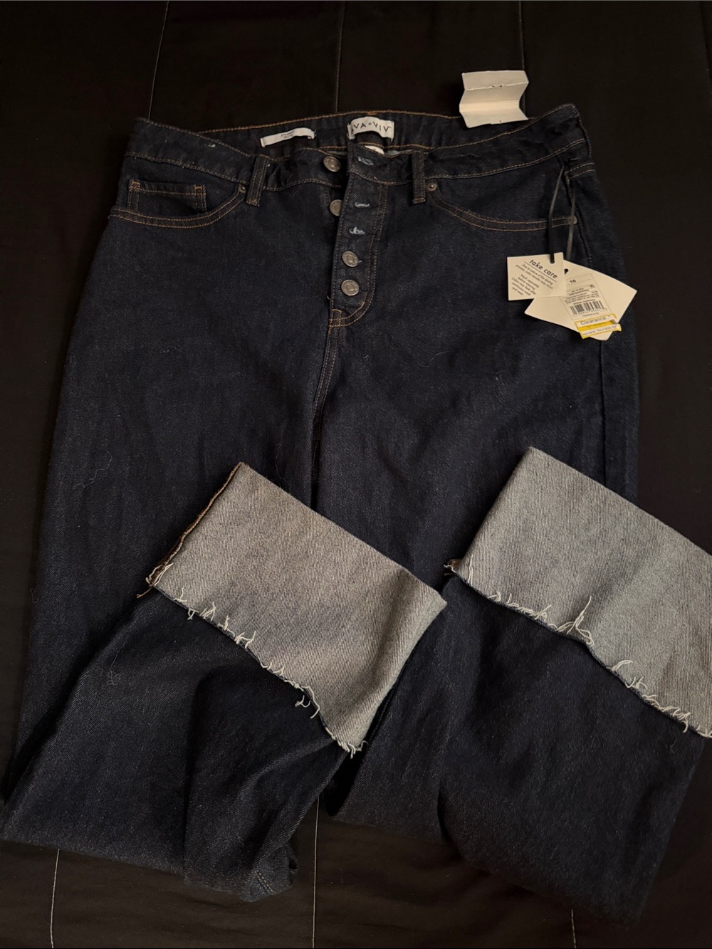 Ava & Viv Dark Blue High-Rise Button-Fly Cuffed Straight Jeans